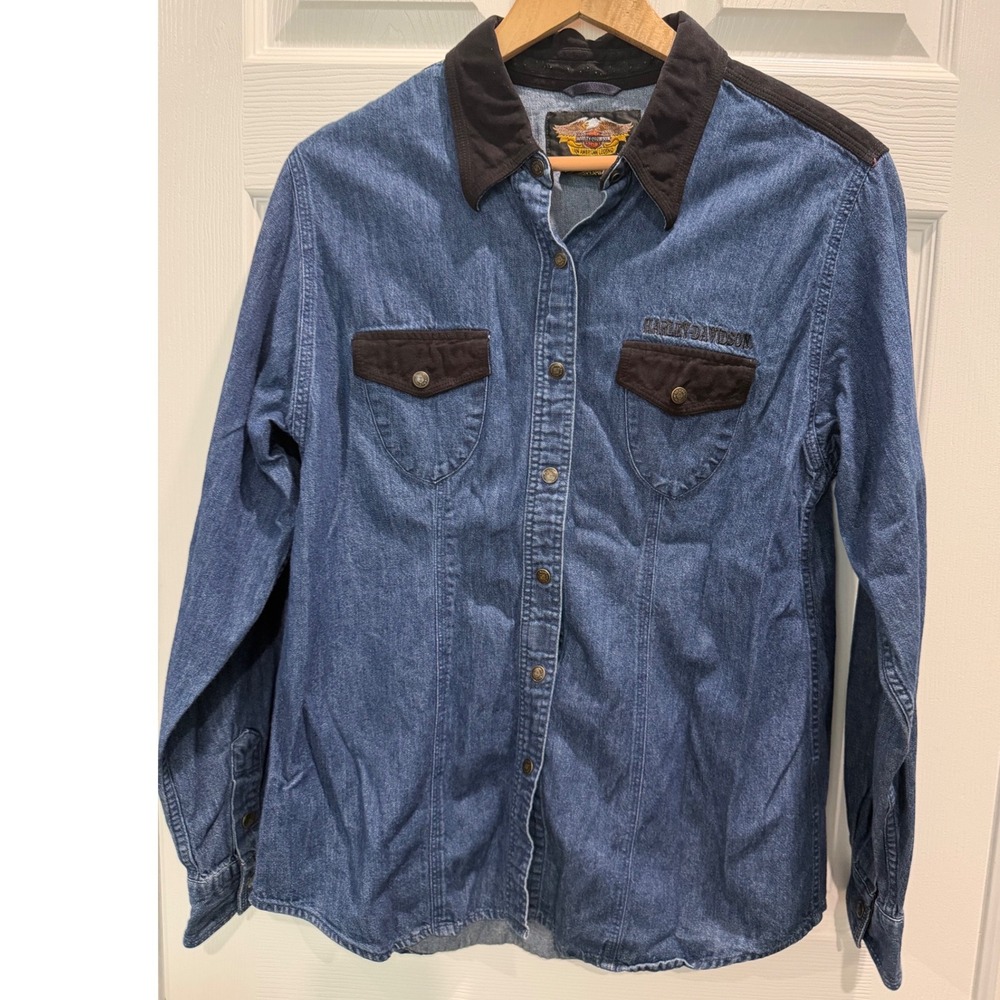 Harley Davidson Women Large Blue Denim Suede Button Snap Front Shirt Biker Moto